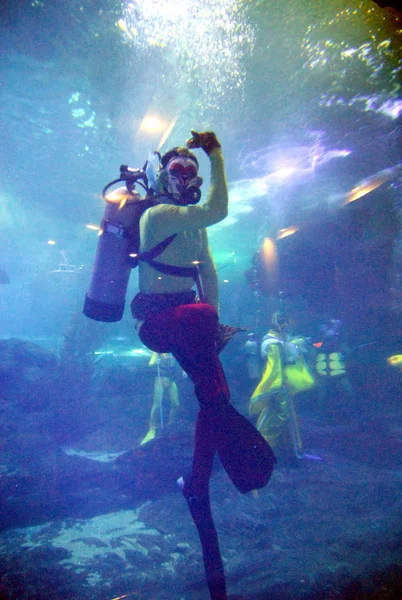 Китайский Дайвер Одетый Король Обезьян Выступает Время Подводного Шоу Monkey — стоковое фото