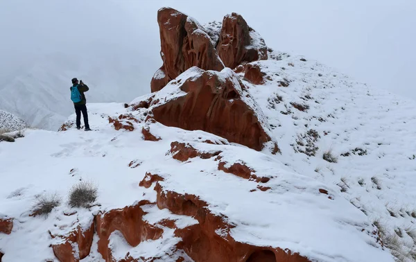 Paisagem Forma Terra Danxia Coberta Neve Durante Festival Primavera Feriado — Fotografia de Stock