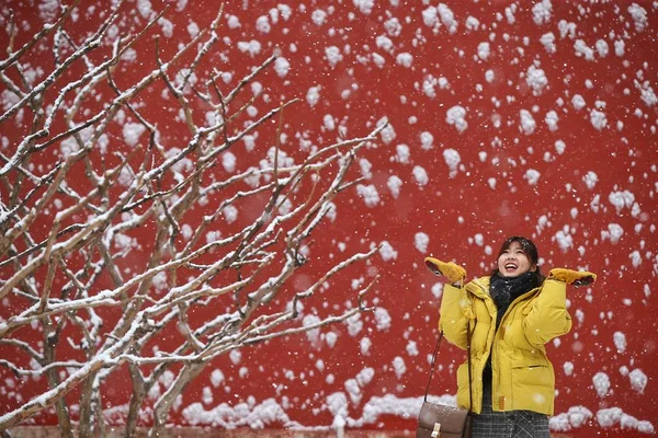 Турист Наслаждается Снегом Дворцовом Музее Известном Город Крепость Пекин Китай — стоковое фото