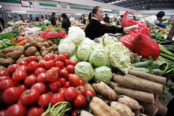 Vendeurs Chinois Vendent Des Légumes Marché Libre Dans Ville Huaibei — Photo