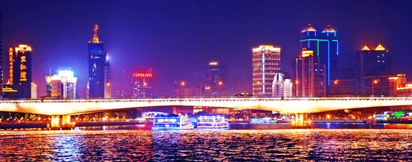 Nattutsikt Över Kommersiella Byggnader Längs Pearl River Zhujiang River Eller — Stockfoto