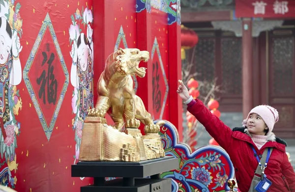 2010年2月16日 在中国北京 一个中国孩子在庆祝春节的庙会上指着老虎雕像 — 图库照片