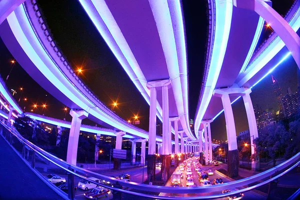 Nattvisning Overhead Motorvägar Upplyst Led Lampor Shanghai Kina Januari 2010 — Stockfoto