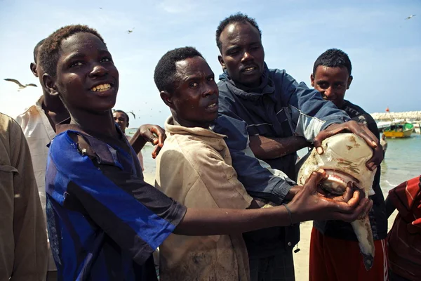 Rybacy Somalijski Pokazują Ryby Które Polują Porcie Bosaso Boosaaso Somalia — Zdjęcie stockowe