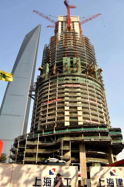 Mening Van Bouwplaats Van Toren Van Shanghai Die Het Toekomstige — Stockfoto