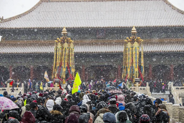 Tourists Visit Palace Museum Also Known Forbidden City Snow Beijing — Stock Photo, Image