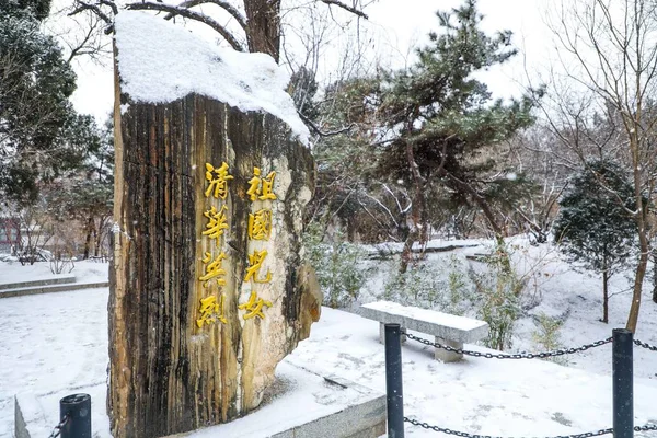 Вид Кампусі Університету Цинхуа Покриті Снігом Протягом Snowfall Пекіні Лютого — стокове фото
