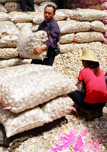Kinesiska Arbetstagare Packa Garlics Producera Grossistmarknaden Yichang City Centrala Chinas — Stockfoto