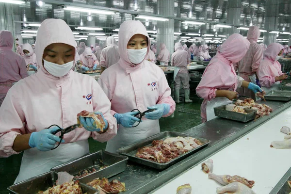 Chinesische Arbeiter Verarbeiten Hühner Fließband Einer Fabrik Der Xinchang Group — Stockfoto