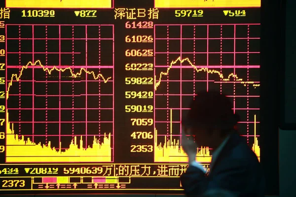 中国人投資家は 中国の上海の株式 Brokage ハウスでの共有縁石を示すボードを過ぎて歩く 5月4日 2010 — ストック写真