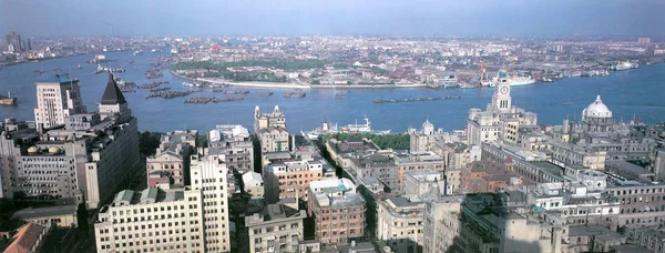 Panoramatický Pohled Pchu Huangpu River Pudong Šanghaji Číně Pozdní 1980 — Stock fotografie