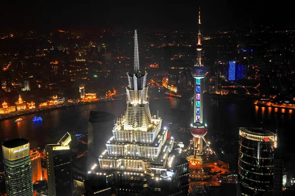 Vista Nocturna Puxi Fondo Río Huangpu Distrito Financiero Lujiazui Con — Foto de Stock