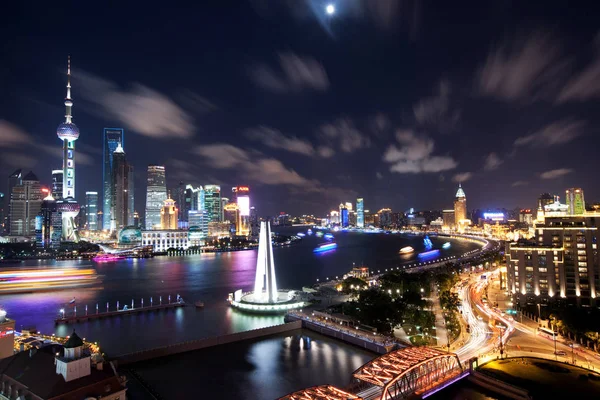 Natt Syn Den Waibaidu Bro Över Suzhou Creek Bund Längs — Stockfoto