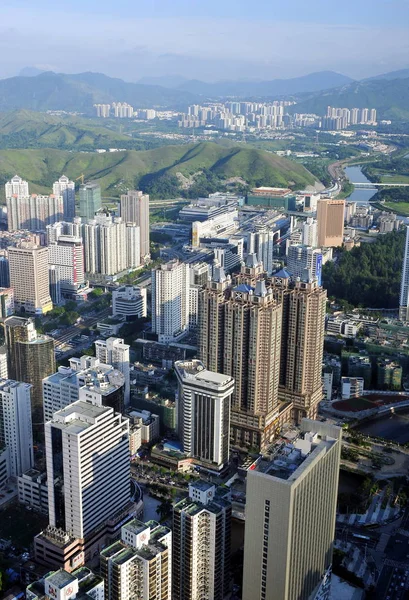 Över Kluster Skyskrapor Höghus Kontor Och Bostäder Flerbostadshus Shenzhen City — Stockfoto