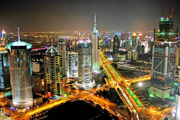 Nattvy Över Skyskrapor Och Höghus Kontorsbyggnader Lujiazui Financial District Pudong — Stockfoto