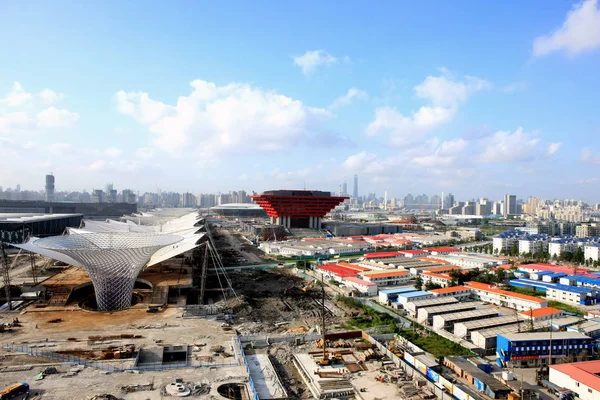 Вид Строительную Площадку Shanghai World Expo 2010 Стороне Пудун Голубым — стоковое фото