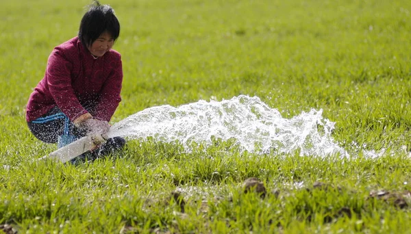 Eine Chinesische Bäuerin Versprüht Wasser Ihr Feld Stadtrand Von Heze — Stockfoto