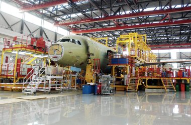 An Airbus A320 jet plane is being assembled at the final assembly plant of Airbus in Tianjin, China, 30 October 2008 clipart