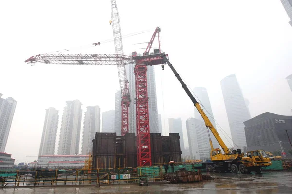 Utsikt Över Byggarbetsplatsen Shanghai Tower Pudong Lujiazui Finance Trade Zone — Stockfoto