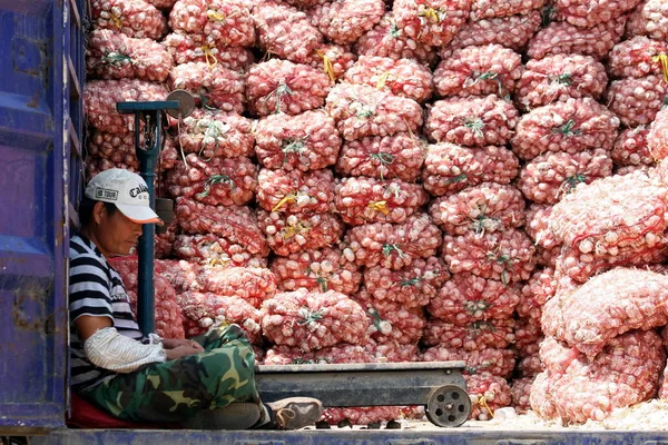 Vendedor Chino Sienta Junto Sus Bolsas Ajos Camión Mercado Mayorista — Foto de Stock