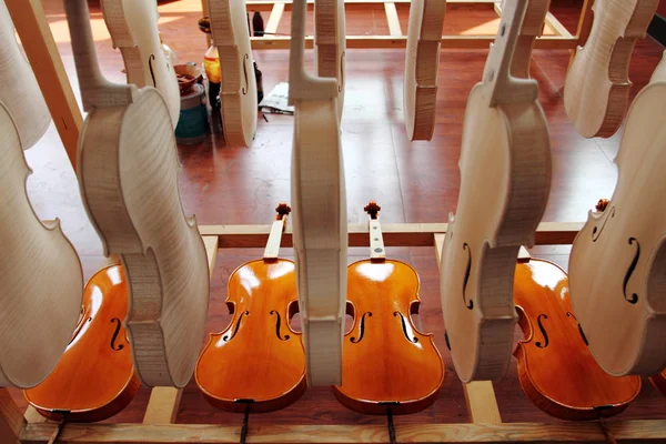 Half Finished Newly Made Violins Hung Factory Beijing Huadong Musical — Stock Photo, Image