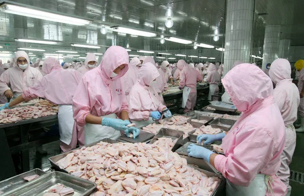 Trabajadores Chinos Procesan Pollo Línea Producción Una Fábrica Del Grupo — Foto de Stock