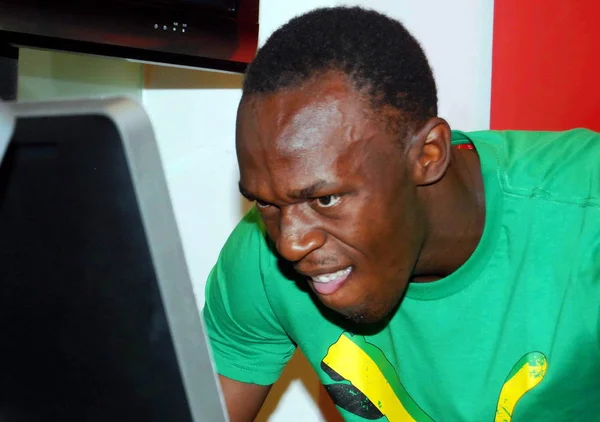 Jamaicaanse Mens 100M 200M Wereldrecord Houder Usain Bolt Speelt Een — Stockfoto