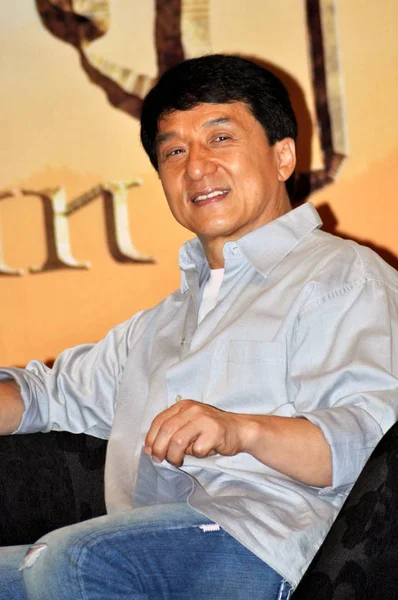 Hongkongské Kungfu Superstar Jackie Chan Vidět Zajišťování Akci Pro Svůj — Stock fotografie