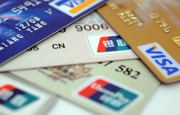 Overzicht Van Creditcards Met Logo Van China Unionpay Visa Xiamen — Stockfoto