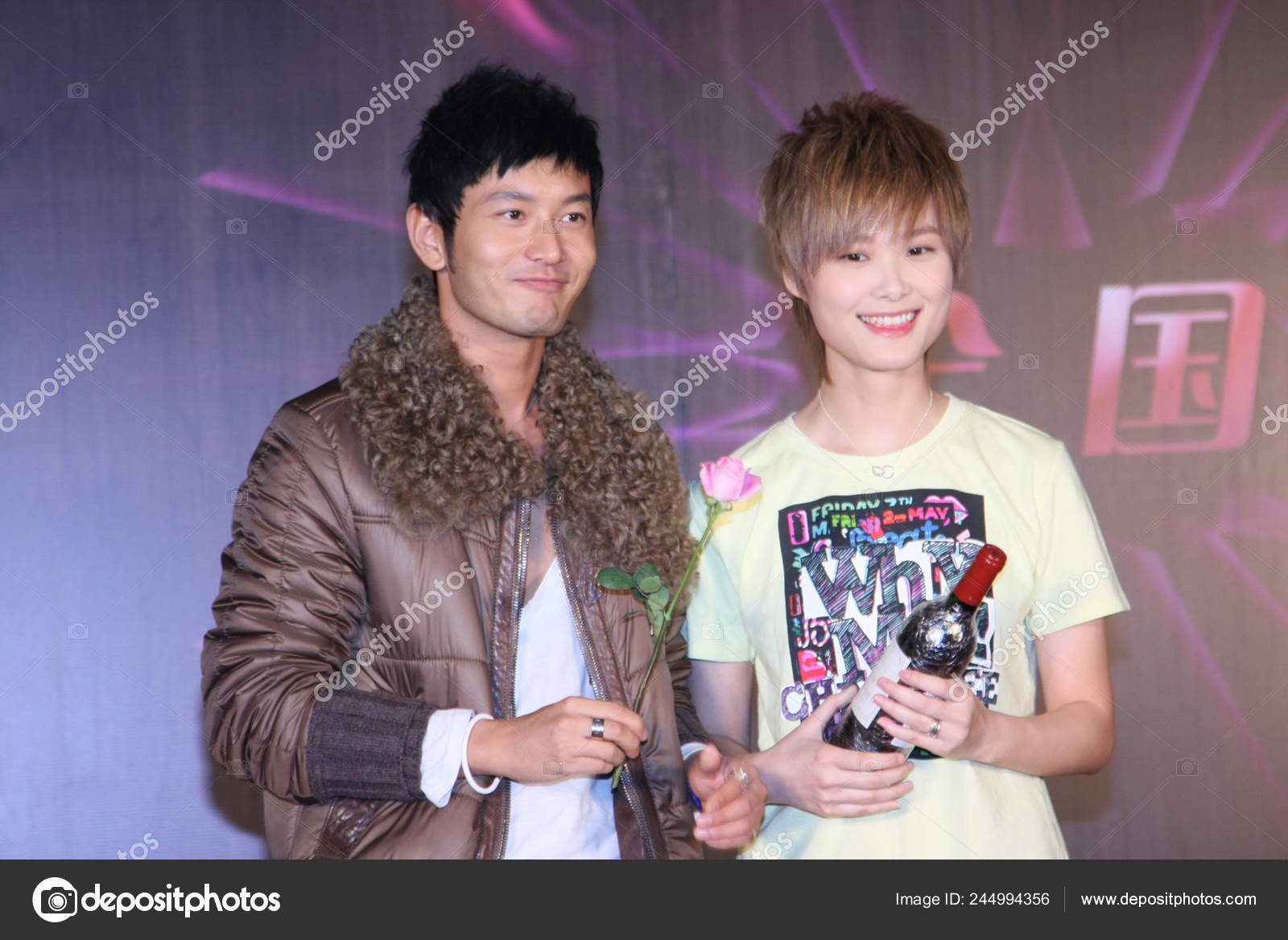 Chinese Singer Yuchun Poses Chinese Actor Huang Xiaoming Press