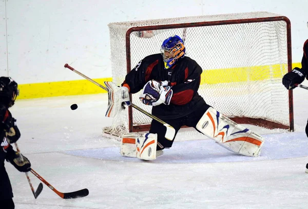 Portero Japonés Intenta Salvar Tiro Jugador Checo Durante Partido Hockey — Foto de Stock