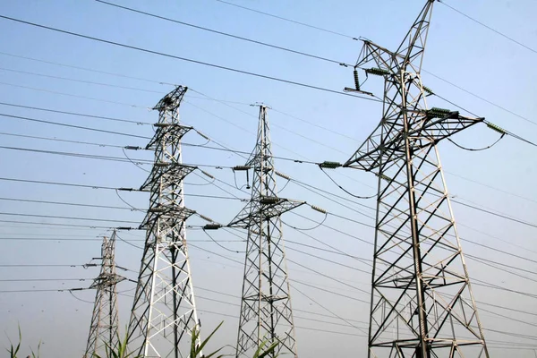 Pylons High Voltage Power Lines Seen Suburb Nantong City East — Stock Photo, Image