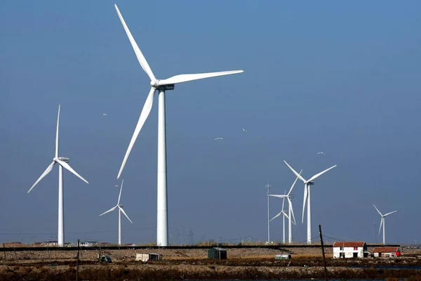 2008年12月19日 中国東中国江蘇省の中国管理会社が所有する龍源Qidong Dongyuan風力発電所で風力タービンが見られる — ストック写真
