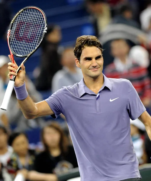 Roger Federer Suíça Celebra Vitória Sobre Andreas Seppi Itália Terceira — Fotografia de Stock
