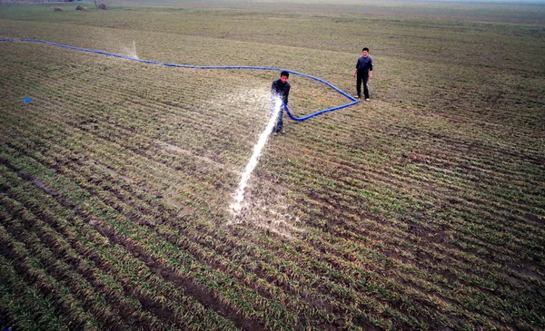 Agricultores Chinos Irrigan Sus Campos Trigo Afectados Por Sequía Aldea —  Fotos de Stock