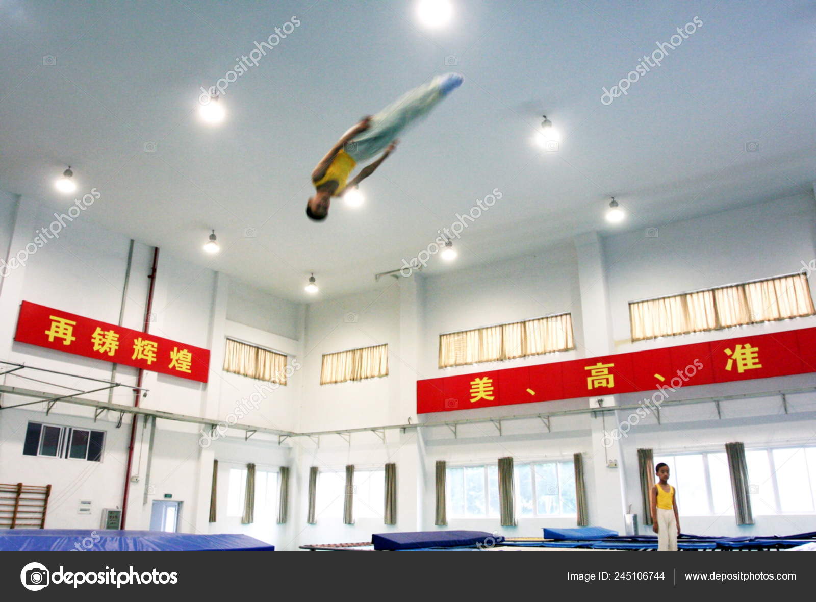 Little Chinese Trampoline Athletes Exercise Front Signs Meaning Make Great Stock Editorial