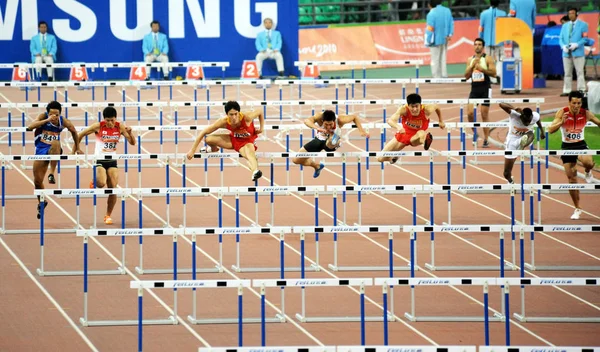 Portero Estrella Chinas Liu Xiang Tercero Izquierda Despeja Obstáculo Final — Foto de Stock