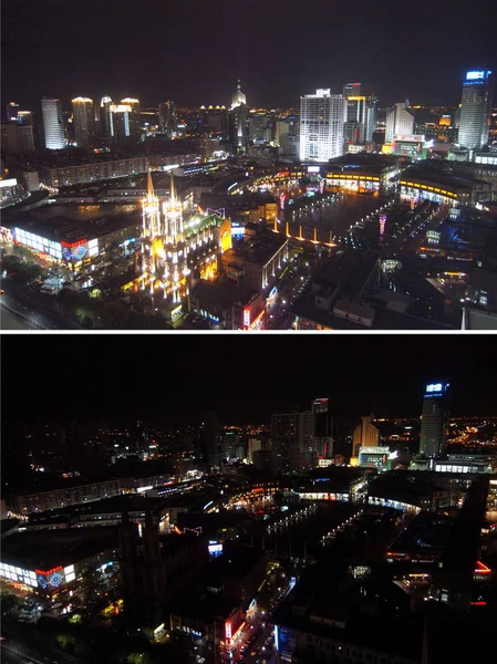 Zdjęcie Kompozytowe Pokazuje Tianyi Square Przed Podczas Godziny Ziemi Ningbo — Zdjęcie stockowe