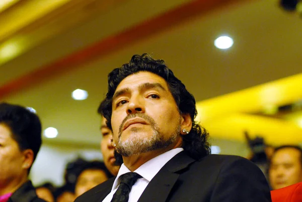 Jugador Entrenador Argentino Diego Maradona Visto Una Conferencia Prensa Beijing — Foto de Stock