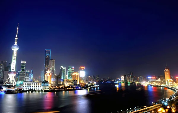 Natt Utsikt Över Bund Puxi Huangpu River Och Lujiazui Financial — Stockfoto