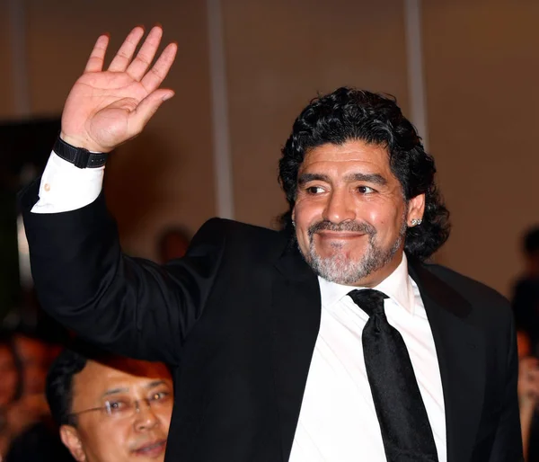 Jugador Entrenador Argentino Diego Maradona Saluda Conferencia Prensa Beijing China — Foto de Stock