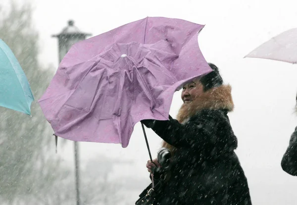Turistas Chinos Abren Sus Paraguas Contra Fuerte Nieve Orilla Del — Foto de Stock