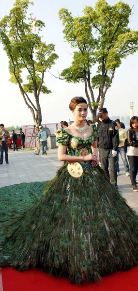 2009년 26일 일요일 장쑤성 쑤저우시에서 쇼에서 깃털로 드레스를 모델이 포즈를 — 스톡 사진