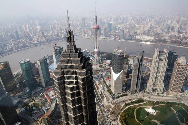 Cityscape Puxi Fundo Rio Huangpu Lujiazui Financial District Com Jinmao — Fotografia de Stock
