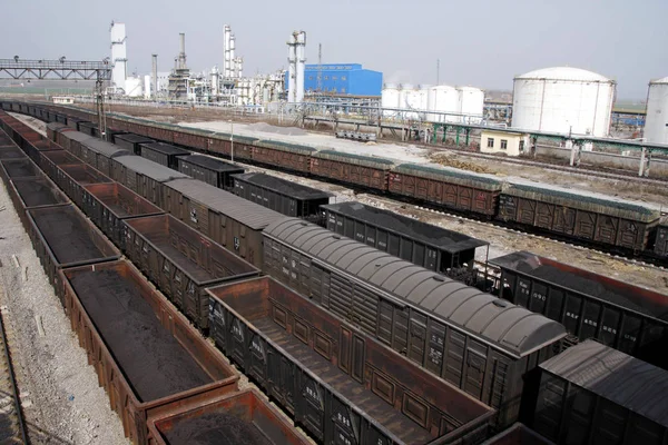 Trenes Mercancías Cargados Con Transmisión Carbón Una Central Térmica Carbón — Foto de Stock