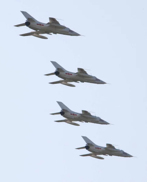 Aviões Caça Jato Chinas São Vistos Durante Uma Revisão Militar — Fotografia de Stock