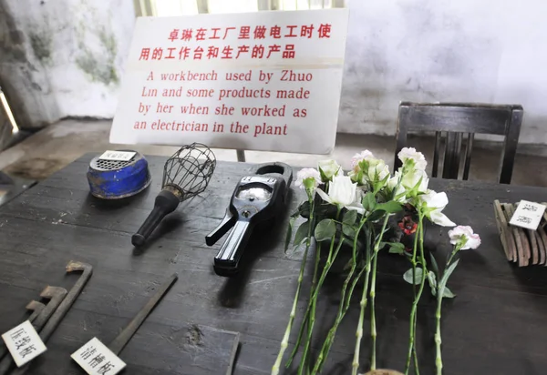 Blommor Ses Placeras Arbetsbänk Som Används Zhuo Lin När Hon — Stockfoto
