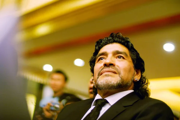 Jugador Entrenador Argentino Diego Maradona Visto Una Conferencia Prensa Beijing — Foto de Stock