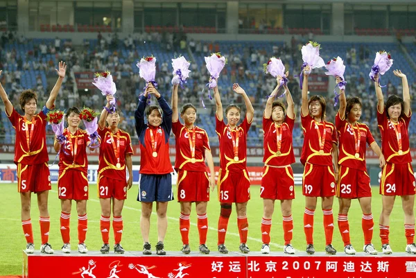 Miembros Del Equipo Nacional Fútbol Femenino Chino Celebran Después Haber —  Fotos de Stock