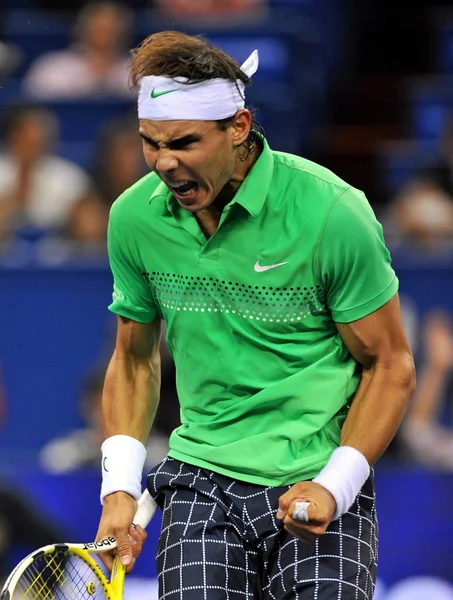 Rafael Nadal Spanyol Kiabál Hogy Megünnepeljük Győzelmet Amerikai James Blake — Stock Fotó